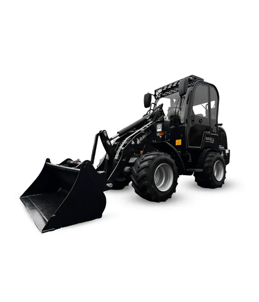 Svart Ravell 1280 hjullastare 2.5 ton utrustad med driftsäker Kubota-motor