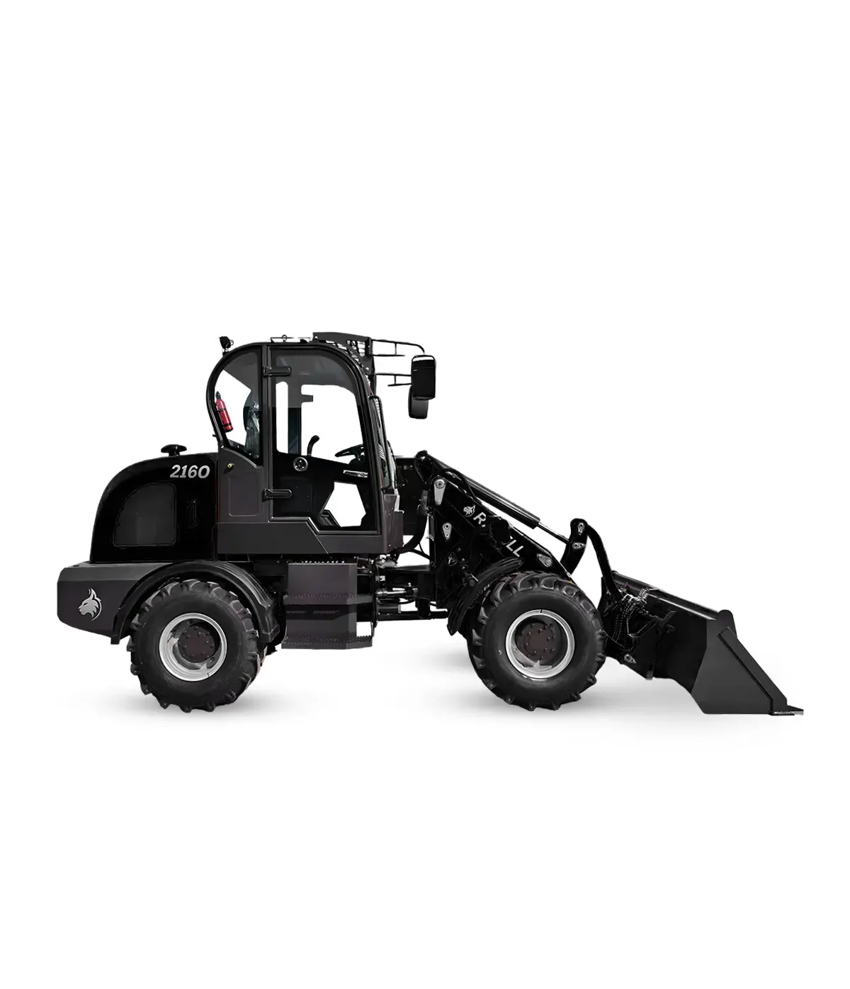Svart Ravell 2160 hjullastare 4.3 ton uppställd med pallgafflar