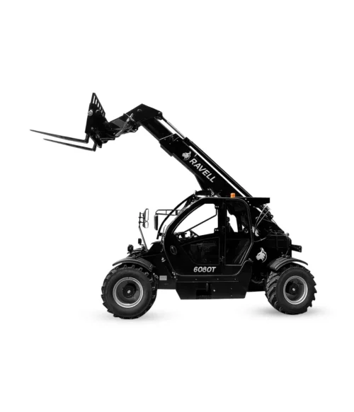 Svart och grå Ravell 6080T teleskoplastare 7.6 ton uppställd