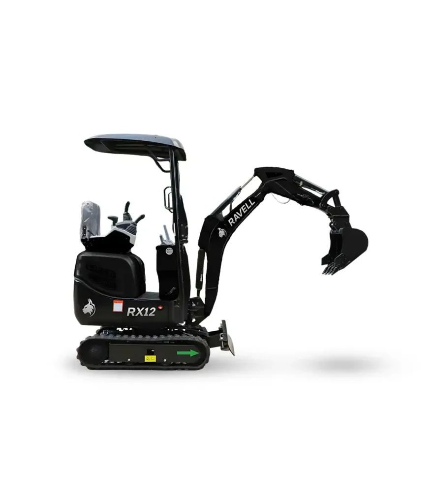 Svart och grå Ravell RX12 minigrävare 1.2 ton från Kronans Maskiner