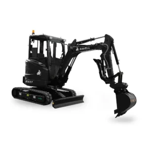 Svart och grå Ravell RX27 minigrävare 2.7 ton uppställd