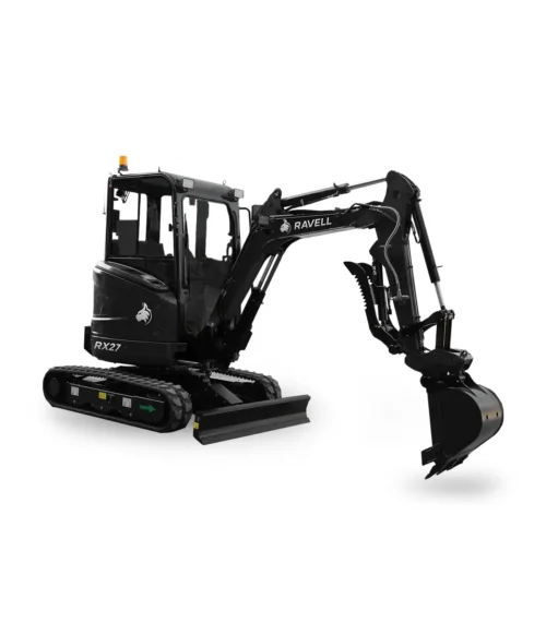 Svart och grå Ravell RX27 minigrävare 2.7 ton uppställd