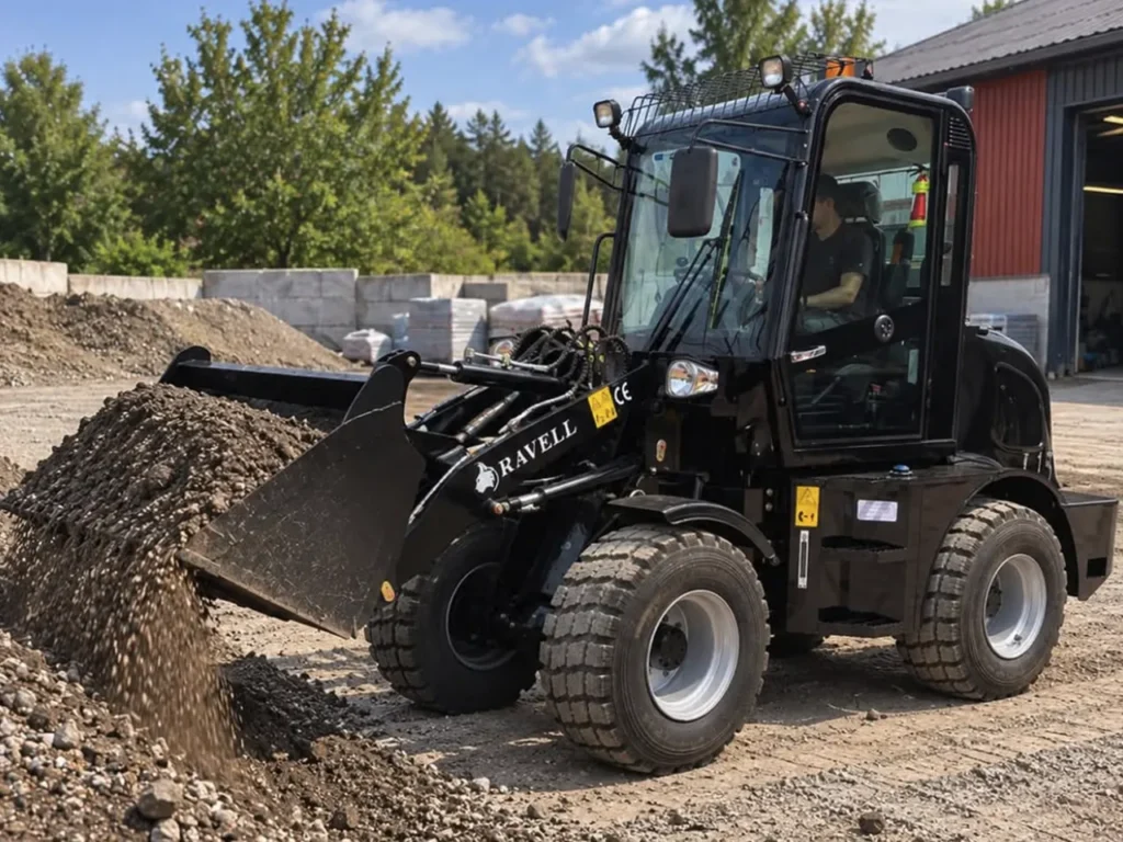 Svart Ravell L15 hjullastare som lastar jord med skopa på en gårdsplan.