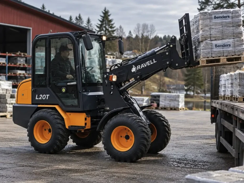Ravell L20T med utdragen teleskoparm och pallgafflar som lyfter en pall intill en lastbil.